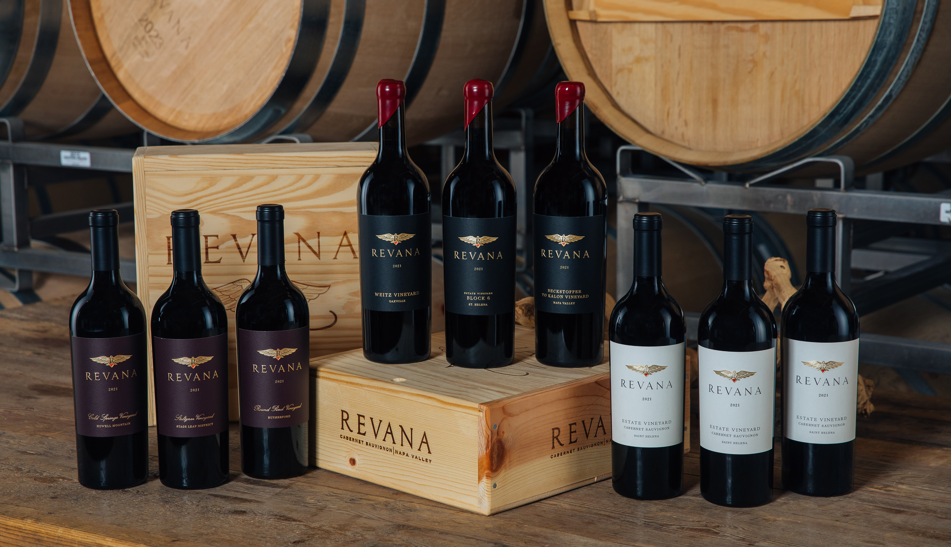 Revana Wine bottles in barrel room